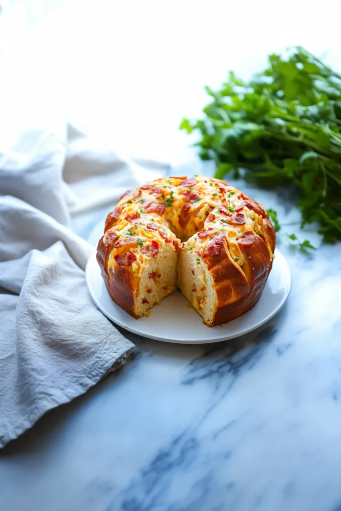 Cheesy bacon bread highlighting golden crust and gooey center.