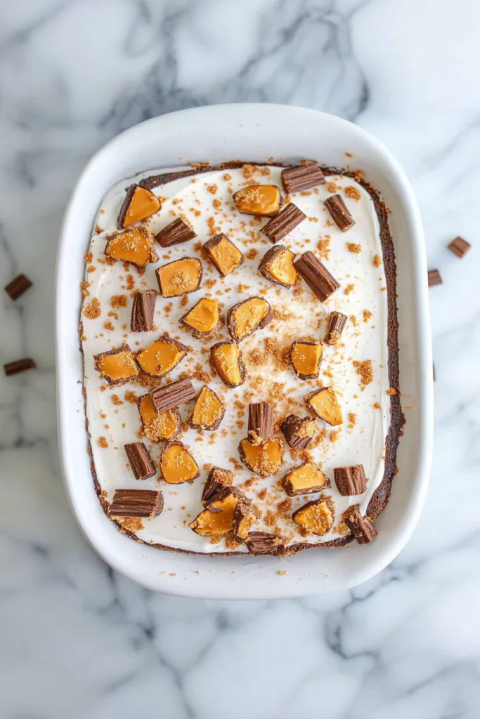 A rectangular cake topped with smooth frosting, caramel drizzle, and chopped candy pieces on a white plate.