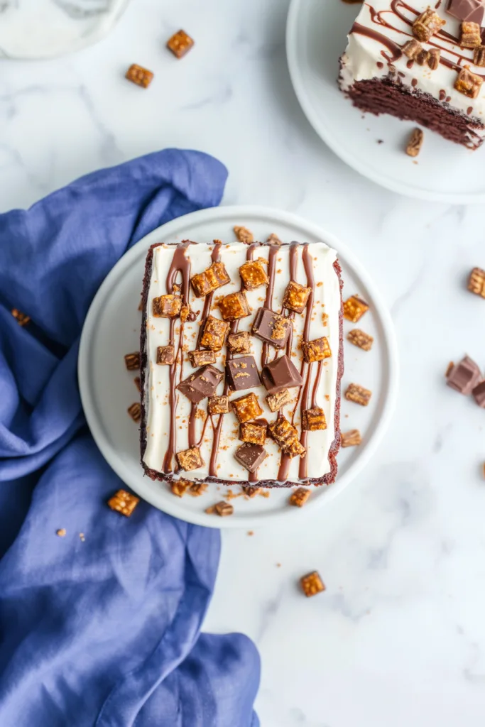 Final presentation of a frosted cake decorated with caramel drizzle and candy bar pieces on a marble background.