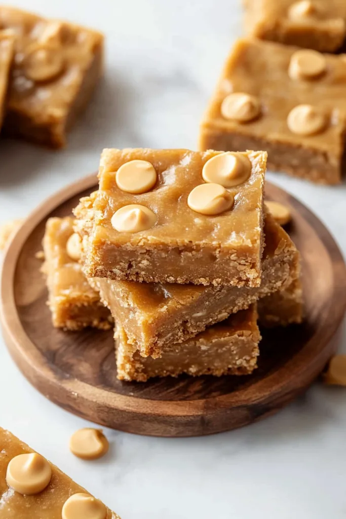 Plate of rich baked bars studded with butterscotch chips, styled simply.
