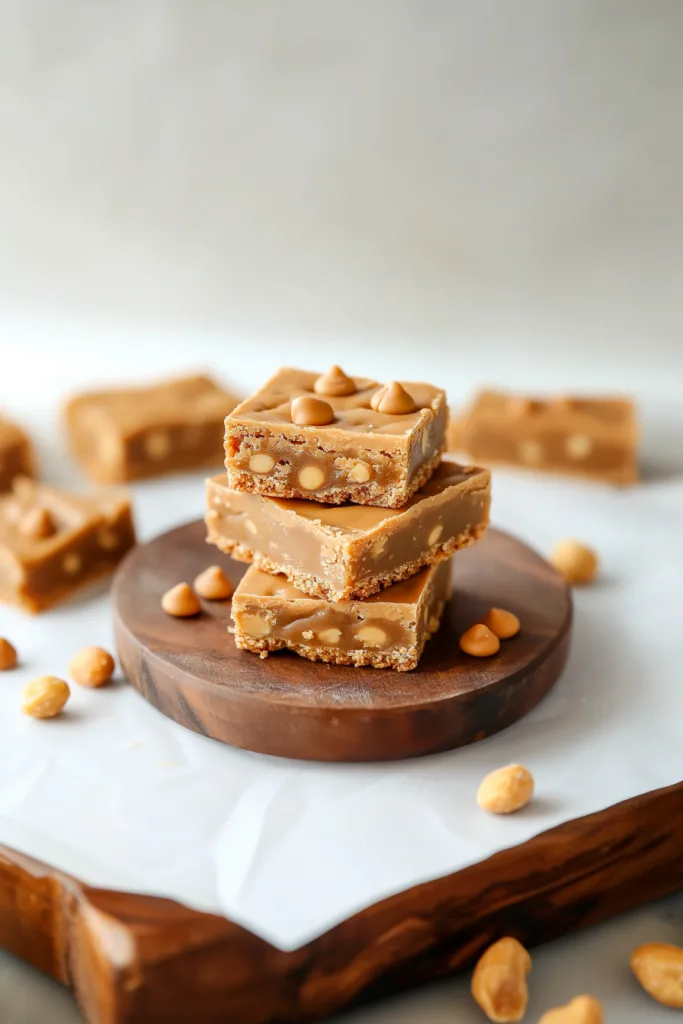 Stacked dessert bars with a fudgy texture and caramel-colored chips on top.