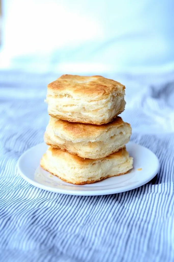 Golden, flaky biscuits stacked neatly on a white plate.
