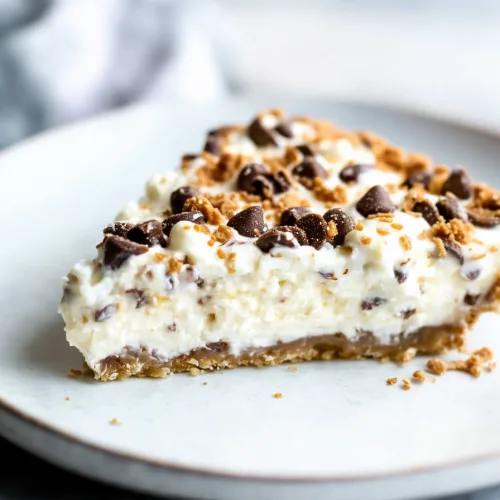 Slice of creamy pie with chocolate chips and crumbly crust.