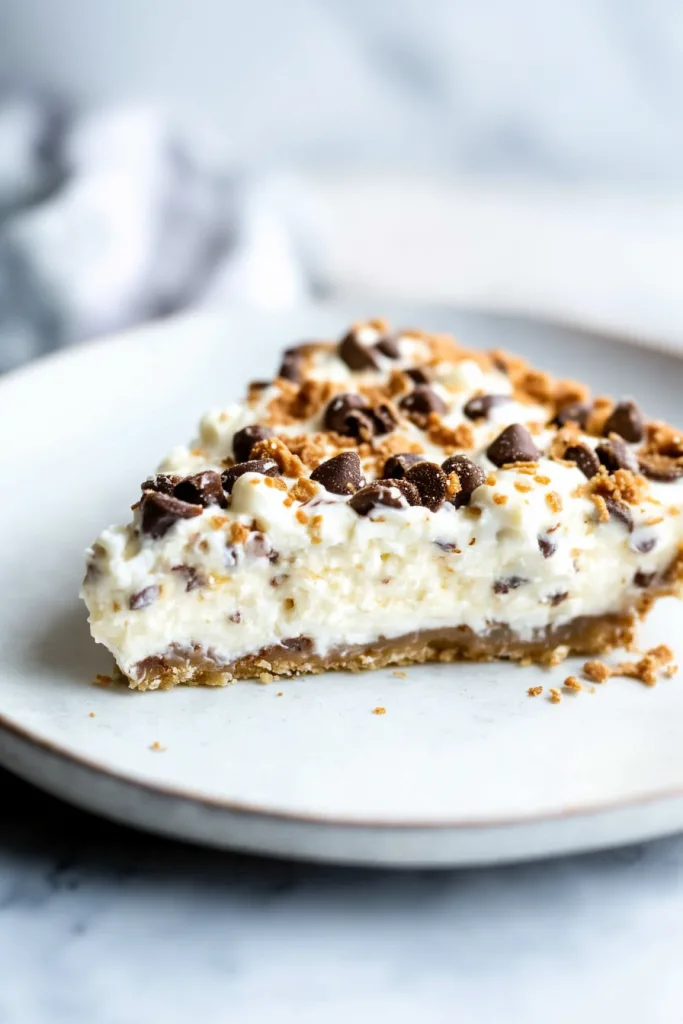 Slice of creamy pie with chocolate chips and crumbly crust.