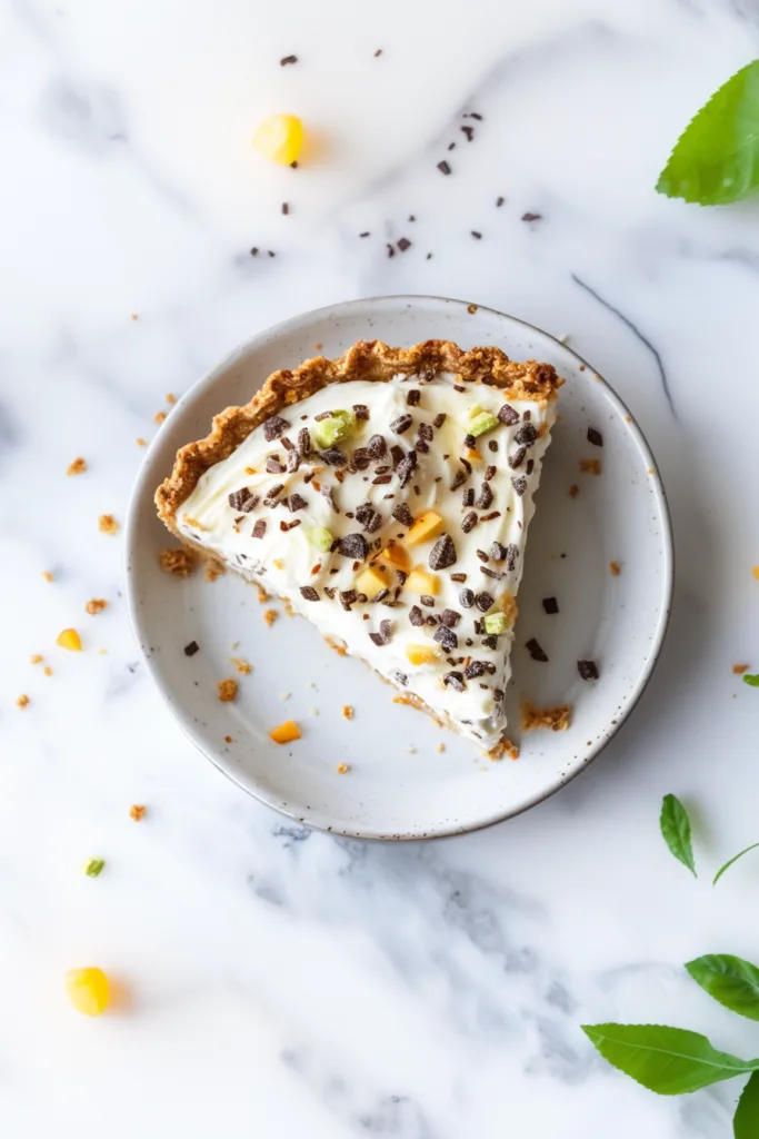 Homemade pie slice highlighting its creamy texture and crunchy base.