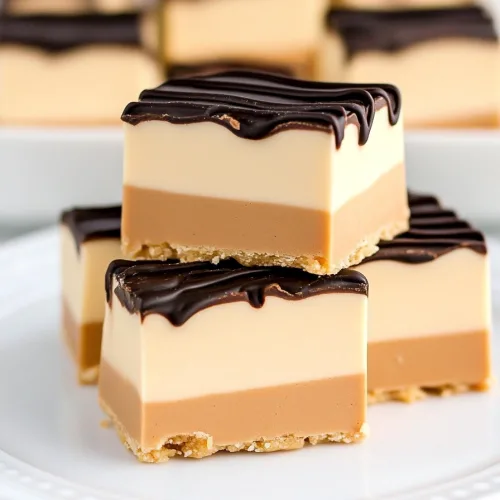 Stacked dessert bars with three distinct layers and chocolate drizzle.