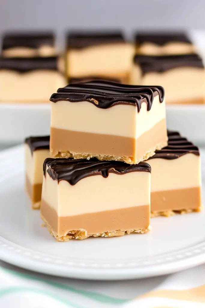 Stacked dessert bars with three distinct layers and chocolate drizzle.