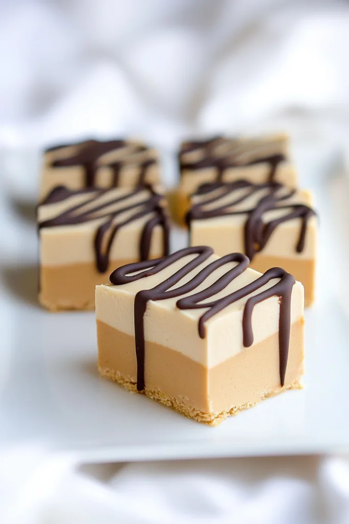 Plate of indulgent layered treats with rich chocolate lines across the surface.
