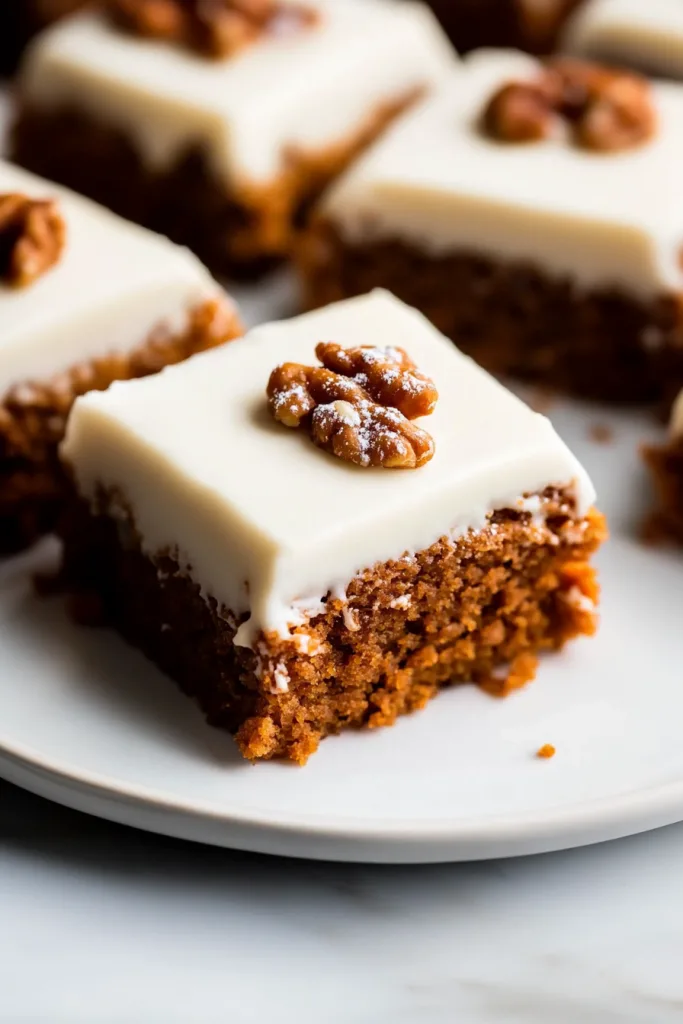 Final shot of dense carrot cake with smooth frosting and pecan halves.