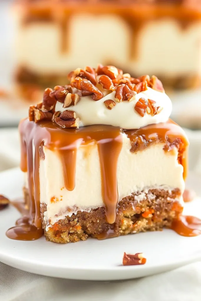Indulgent cake slice with chopped pecans and dripping caramel.