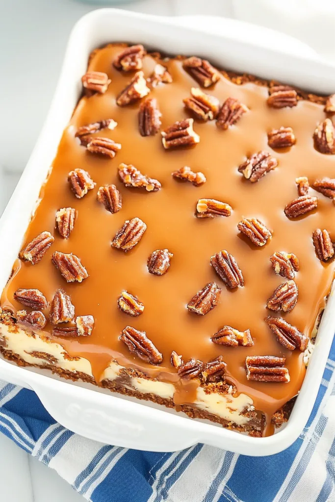 Layered dessert with crumbly crust, smooth filling, and glossy topping.
