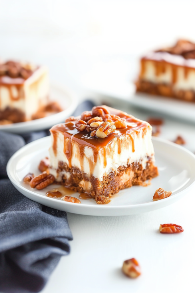 Caramel-drizzled cake square served on a white plate.