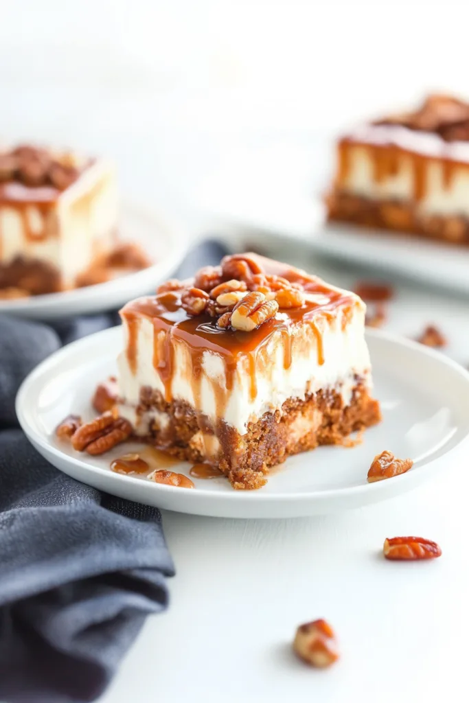 Caramel-drizzled cake square served on a white plate.