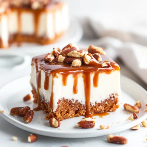 Slice of creamy cheesecake-style dessert topped with caramel and pecans.