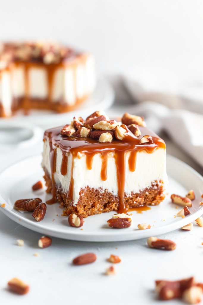 Slice of creamy cheesecake-style dessert topped with caramel and pecans.