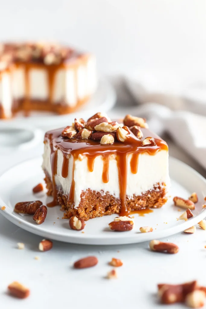 Slice of creamy cheesecake-style dessert topped with caramel and pecans.