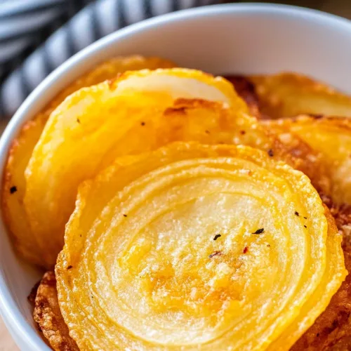Golden fried chips presented casually with striped cloth in the background.