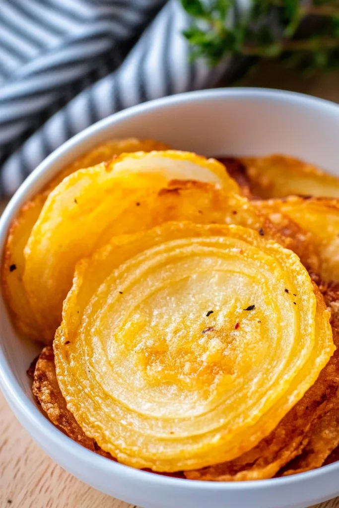 Golden fried chips presented casually with striped cloth in the background.