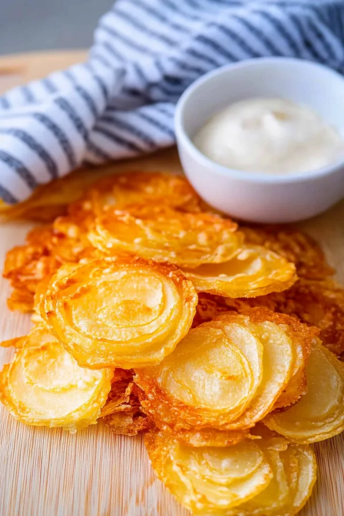 Pile of golden-brown potato crisps served with creamy dip.