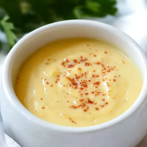 Golden sauce served in a bowl, garnished with herbs in the background.