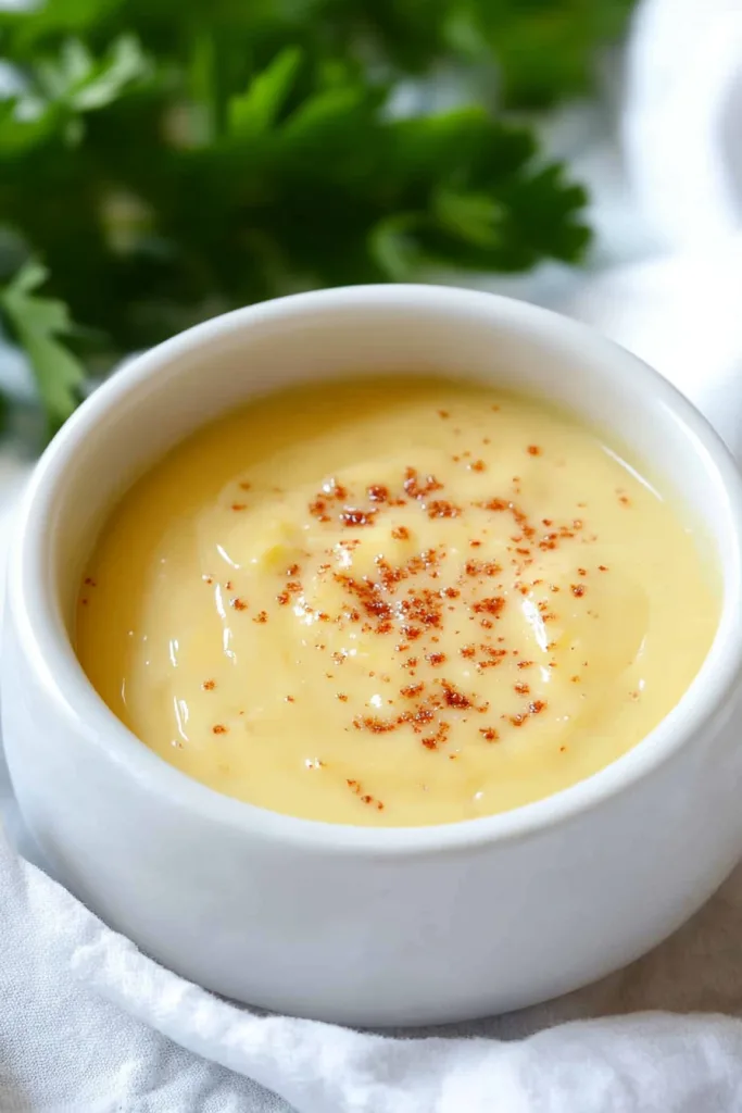 Golden sauce served in a bowl, garnished with herbs in the background.