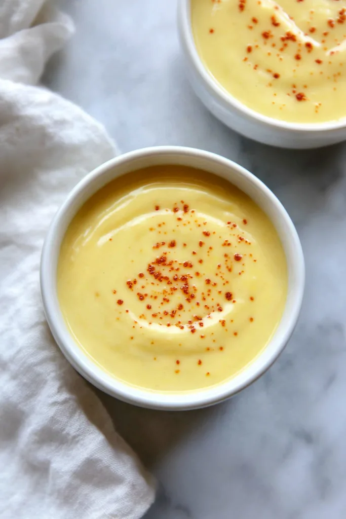 Rich, velvety dip presented simply on a white cloth.