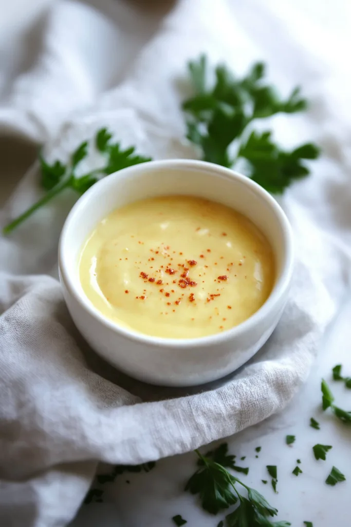 Small white bowl of creamy yellow sauce sprinkled with paprika.