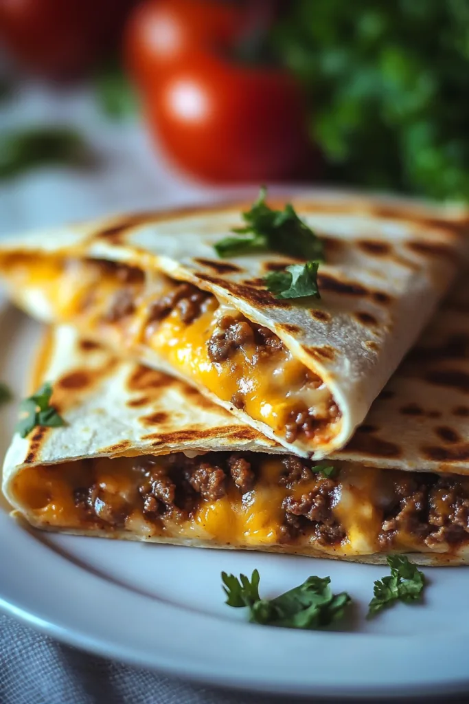 Final dish presentation: browned quesadillas filled with beef and cheese, sprinkled with cilantro for color.