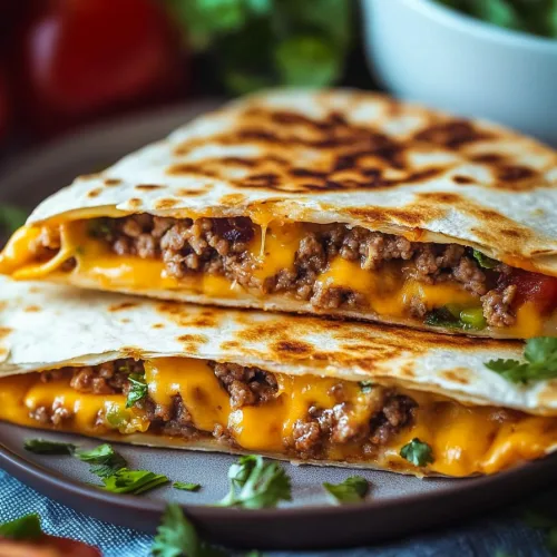 Crisp tortillas cut into halves, revealing juicy beef and melted cheddar, plated with fresh tomatoes nearby.