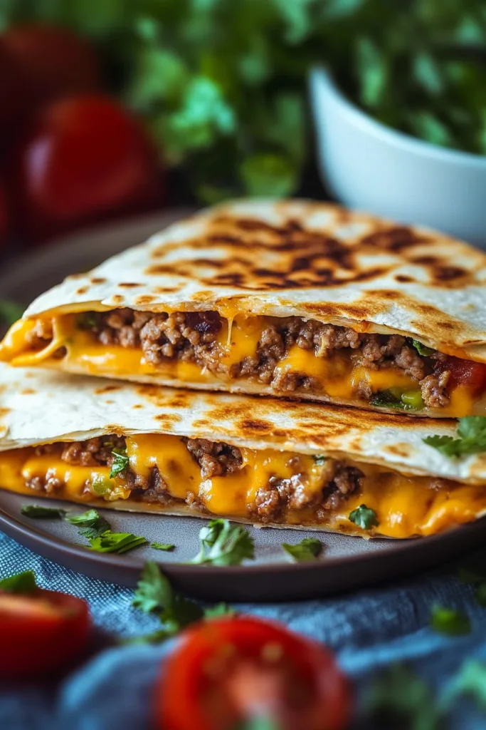 Crisp tortillas cut into halves, revealing juicy beef and melted cheddar, plated with fresh tomatoes nearby.