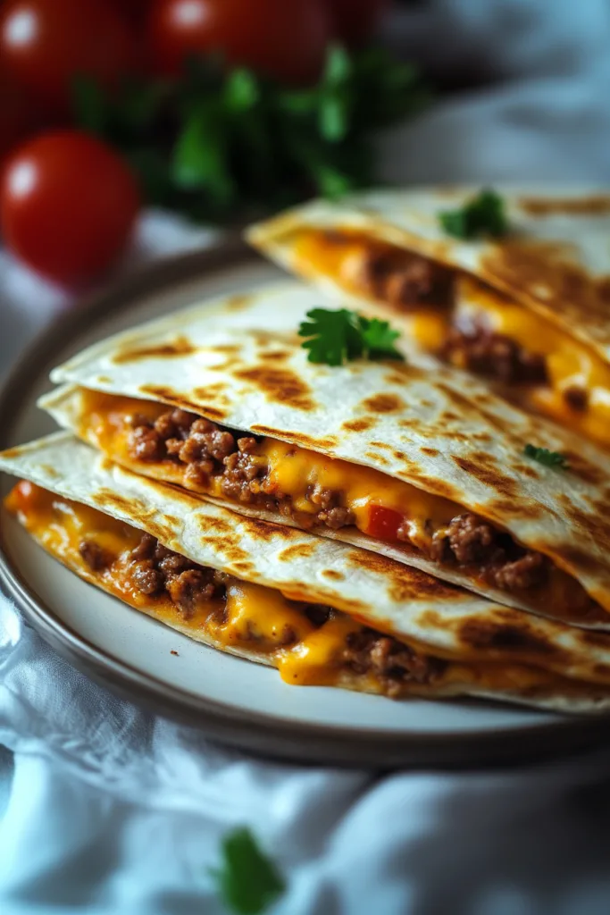 Stacked quesadilla wedges showing gooey cheese and seasoned meat, styled against a rustic backdrop.
