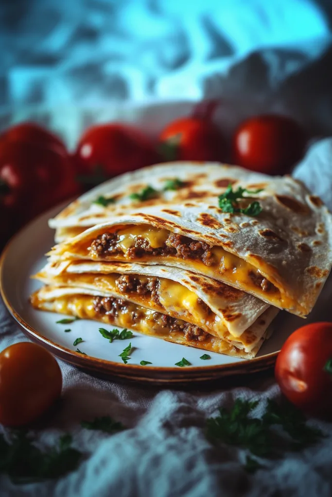 Golden quesadillas folded on a plate, oozing melted cheese and beef filling, garnished with fresh cilantro.