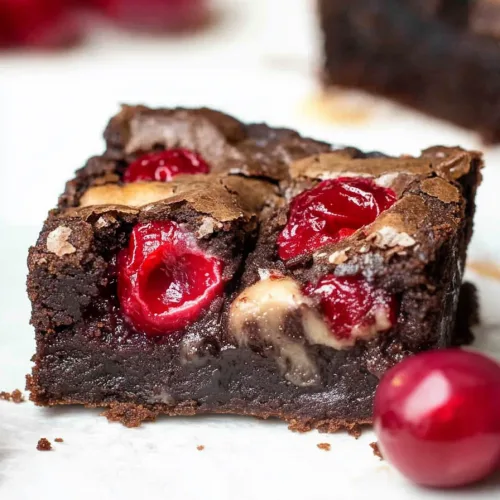Final shot of dense chocolate brownies layered with creamy cheesecake and bright red cherries.