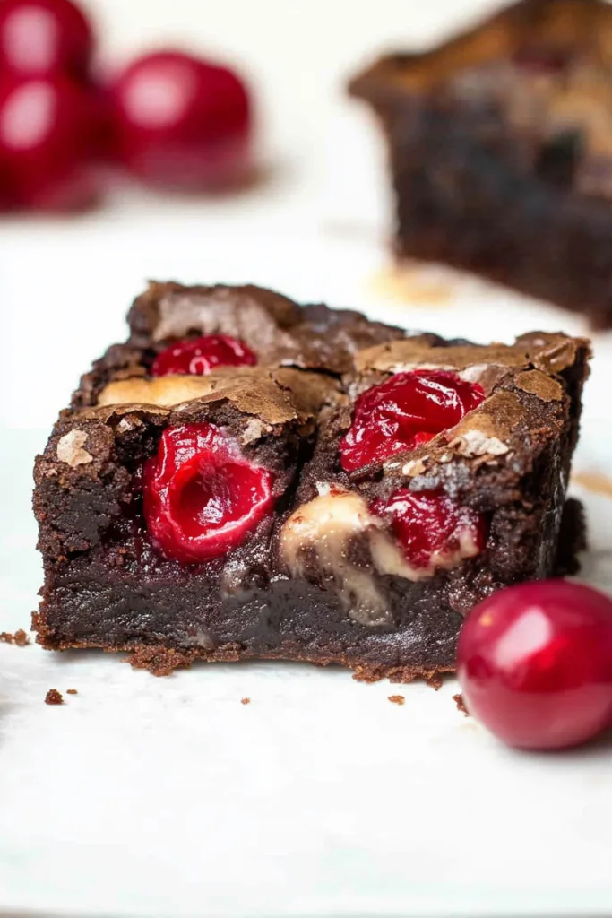 Final shot of dense chocolate brownies layered with creamy cheesecake and bright red cherries.