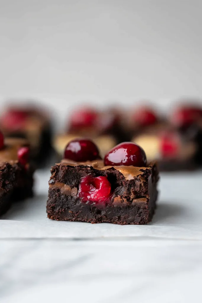 Baked brownies with cheesecake swirls and juicy cherries, presented on a white surface.
