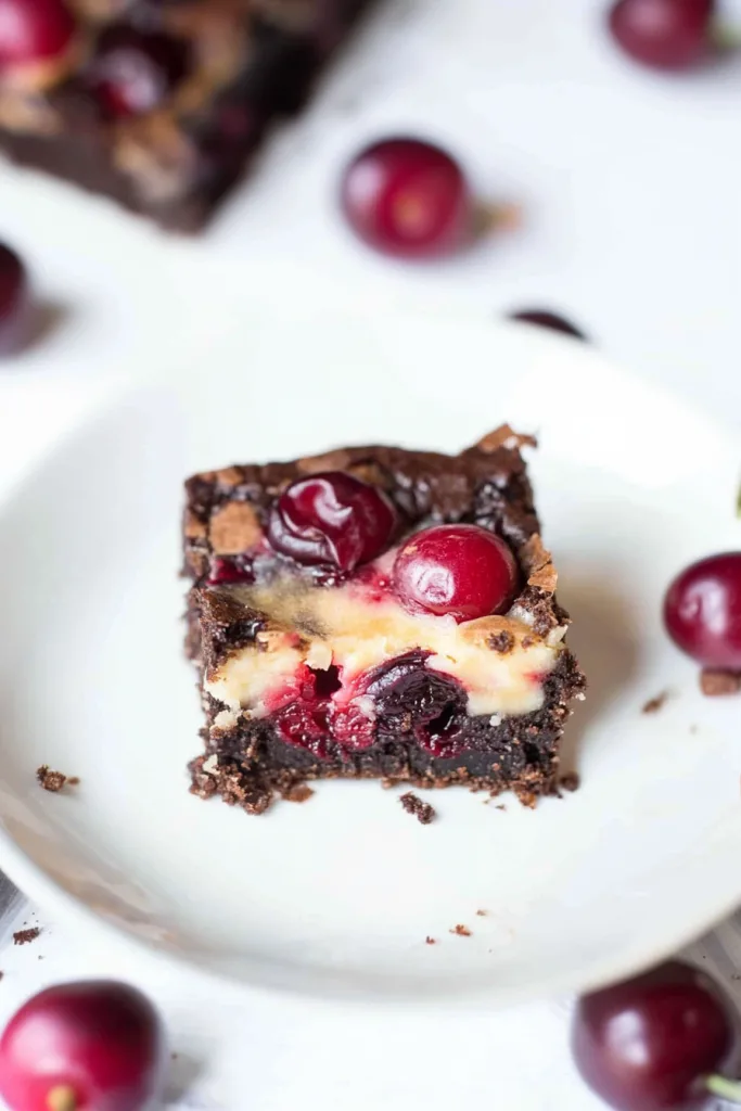 Square brownie with a marbled cheesecake layer and glossy cherries on top.