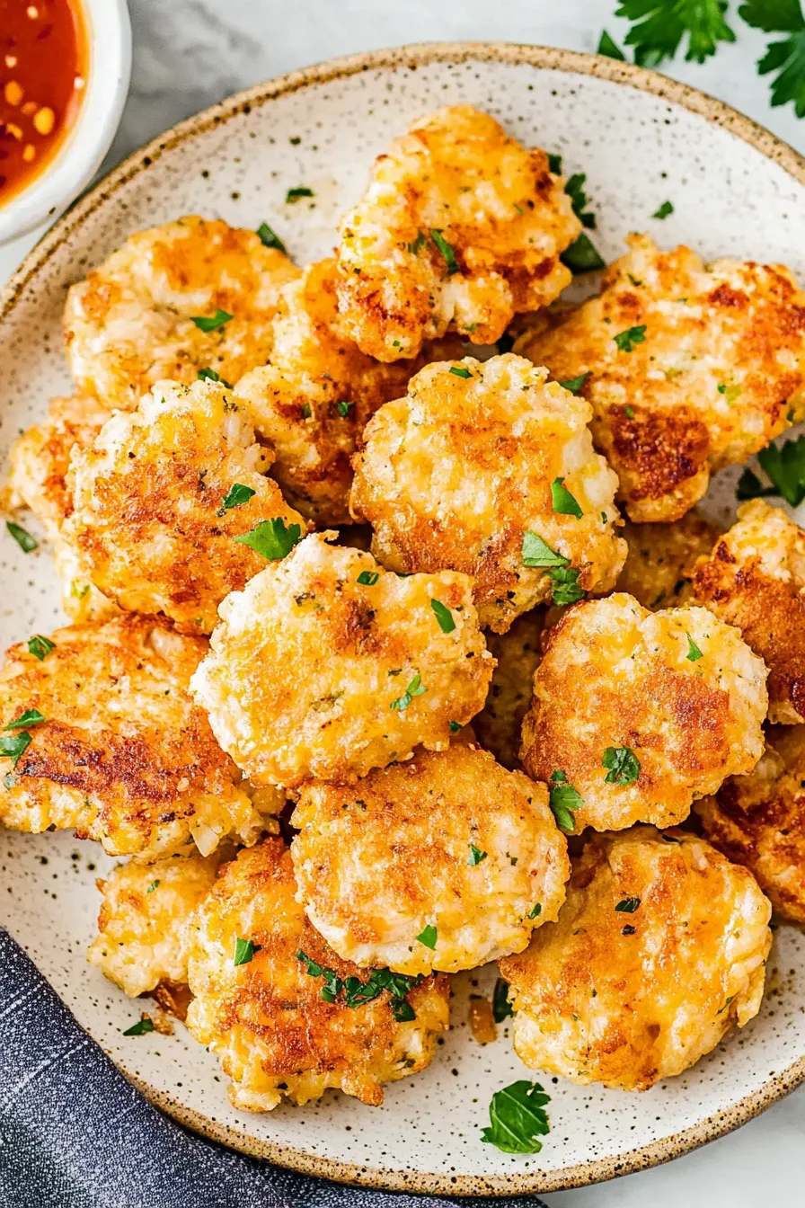 Freshly cooked fritters arranged neatly, emphasizing golden sear and cheesy filling.