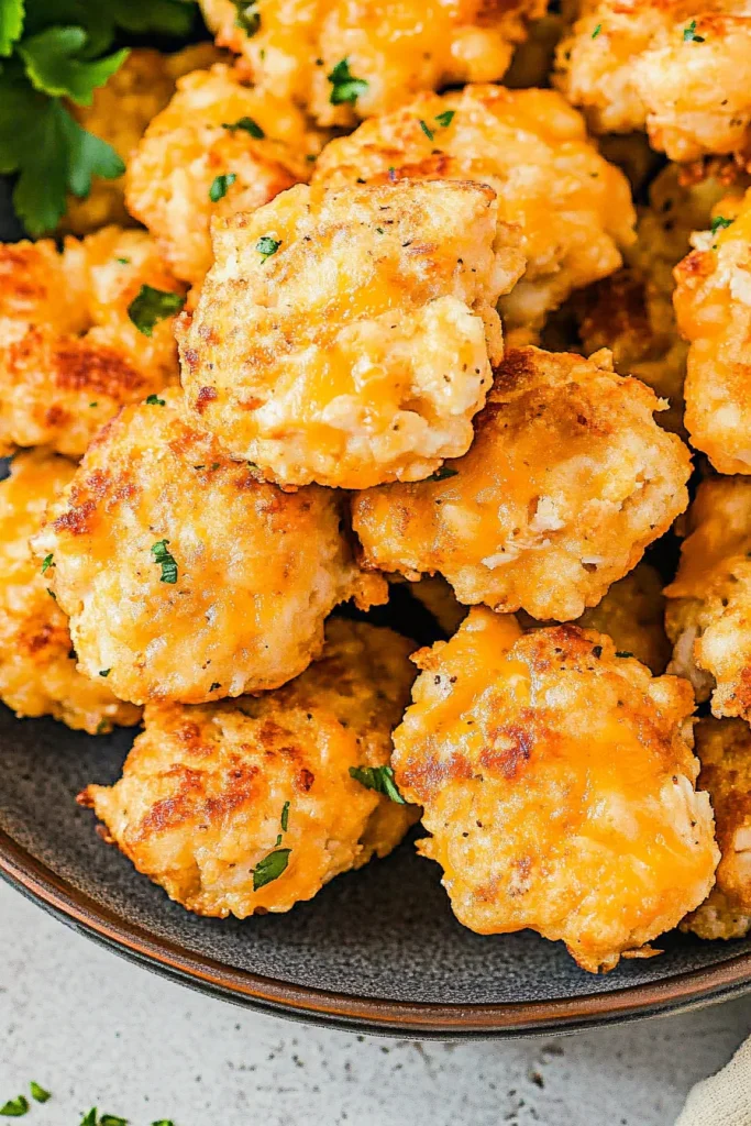 Stacked chicken patties with browned crust and colorful garnish.