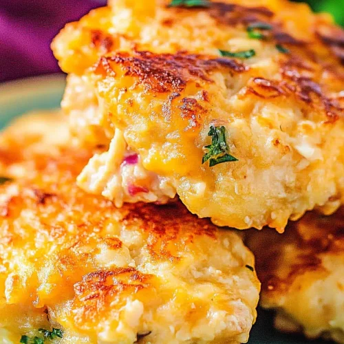 Golden-brown chicken fritters stacked on a turquoise plate with crispy edges.