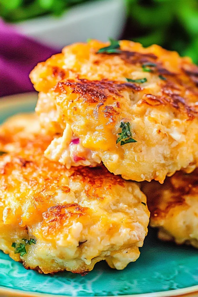 Golden-brown chicken fritters stacked on a turquoise plate with crispy edges.