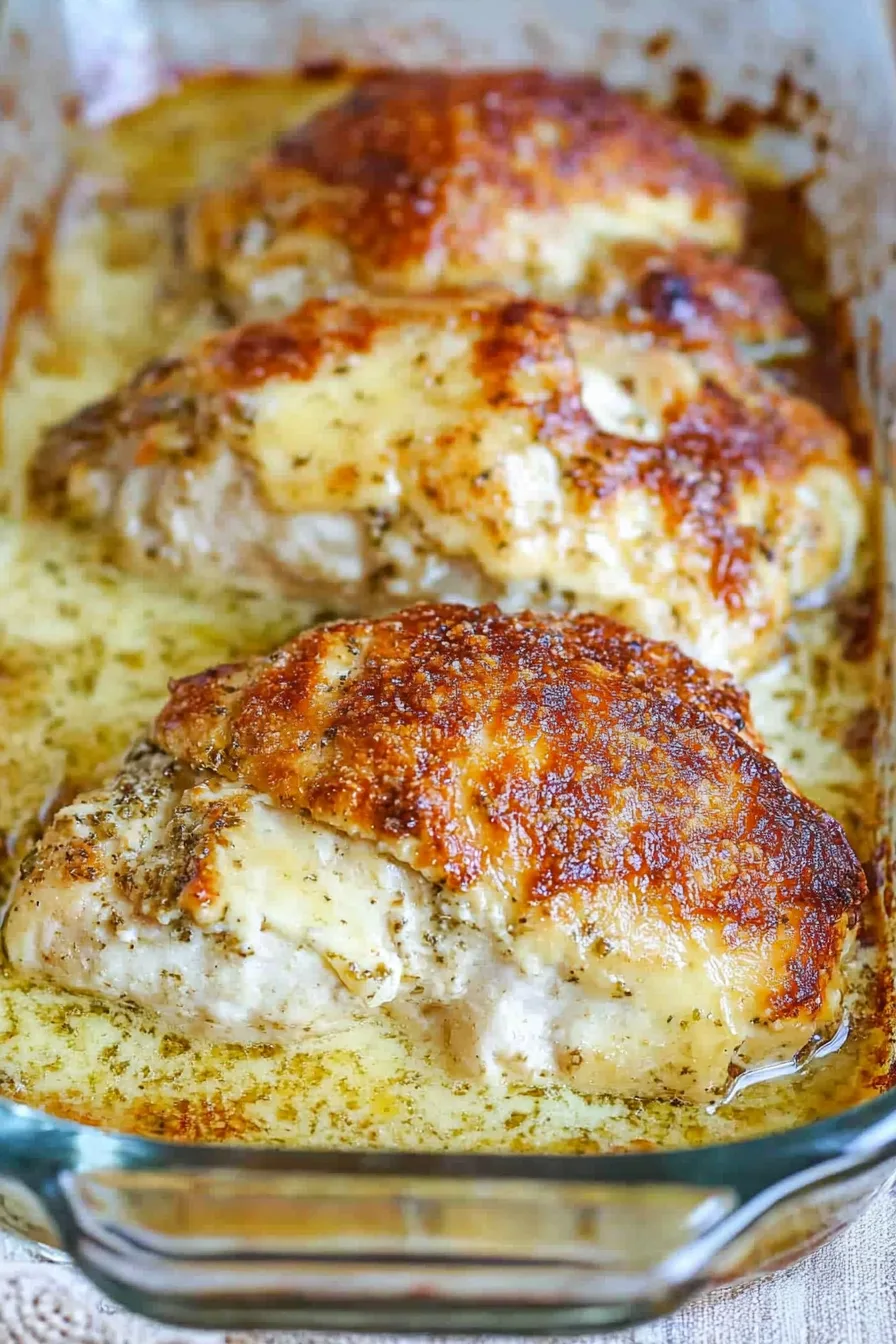 Close-up of seasoned chicken layered with bubbly provolone and herbs.
