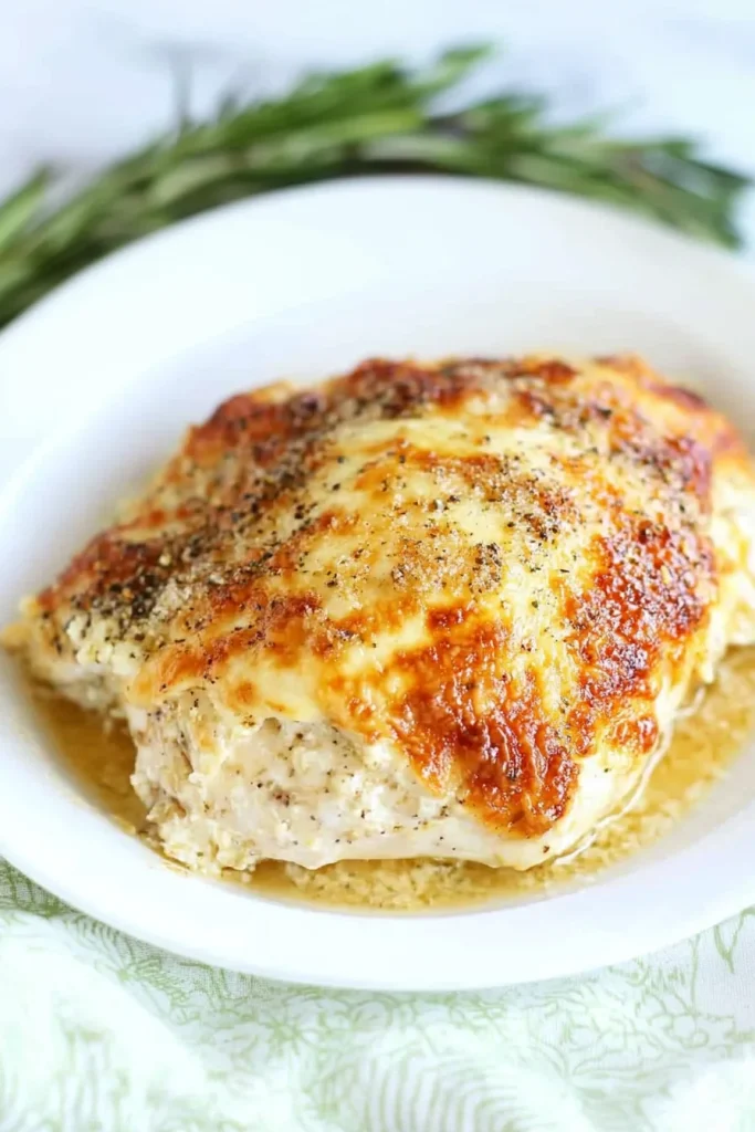 Serving of cheesy chicken highlighting the golden crust and vibrant sauce.