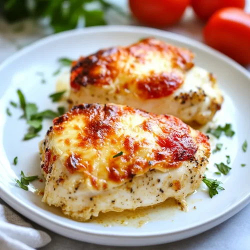 Juicy baked chicken garnished with fresh parsley and melted topping.