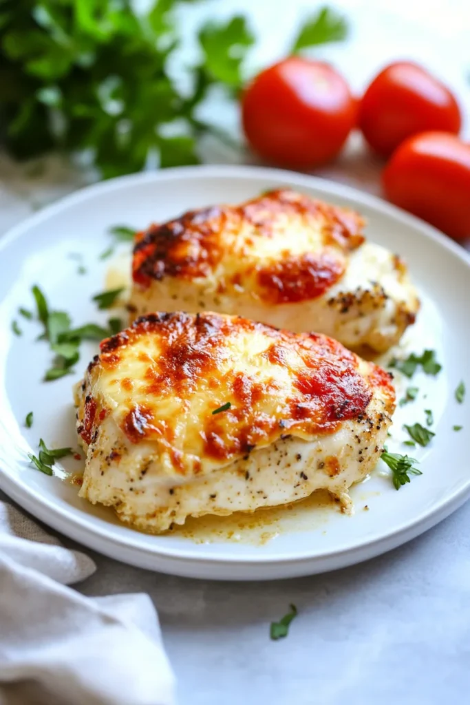 Juicy baked chicken garnished with fresh parsley and melted topping.