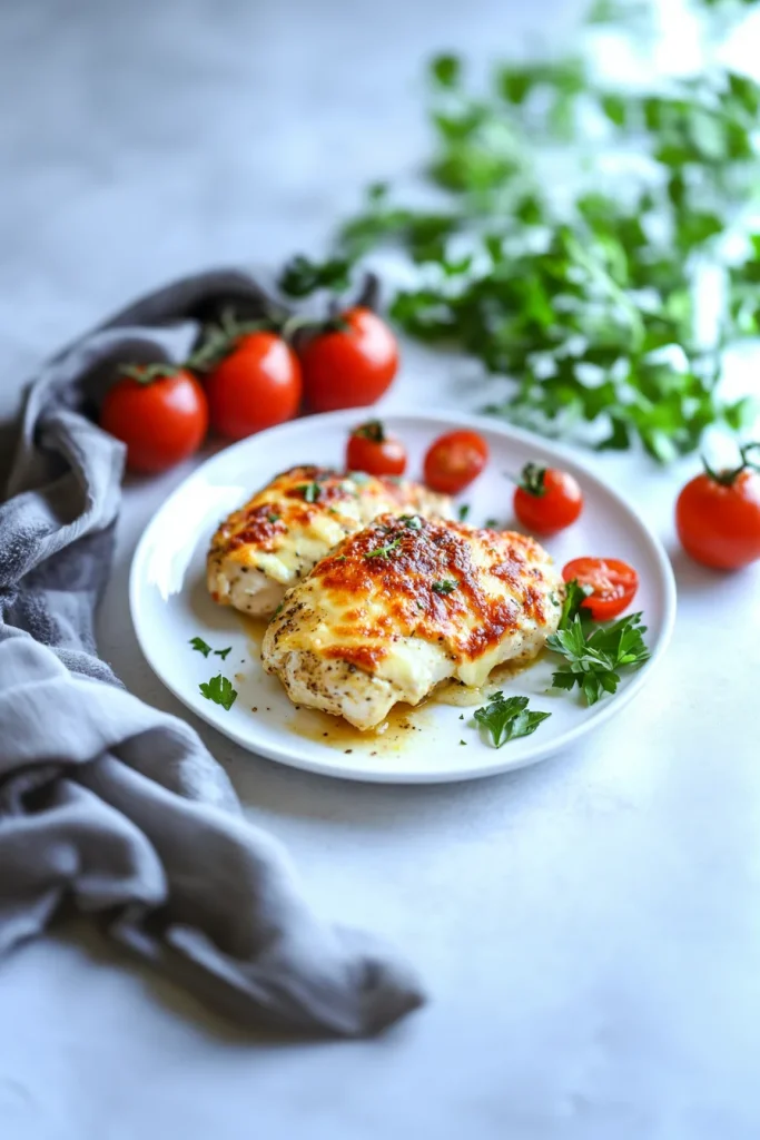 Serving of chicken with browned cheese crust and vibrant tomato garnish.