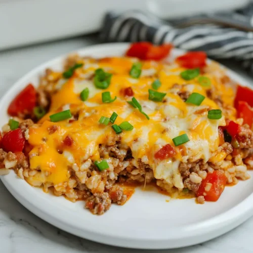 Golden, bubbly casserole slice showing layers of rice, beef, and melted cheddar.