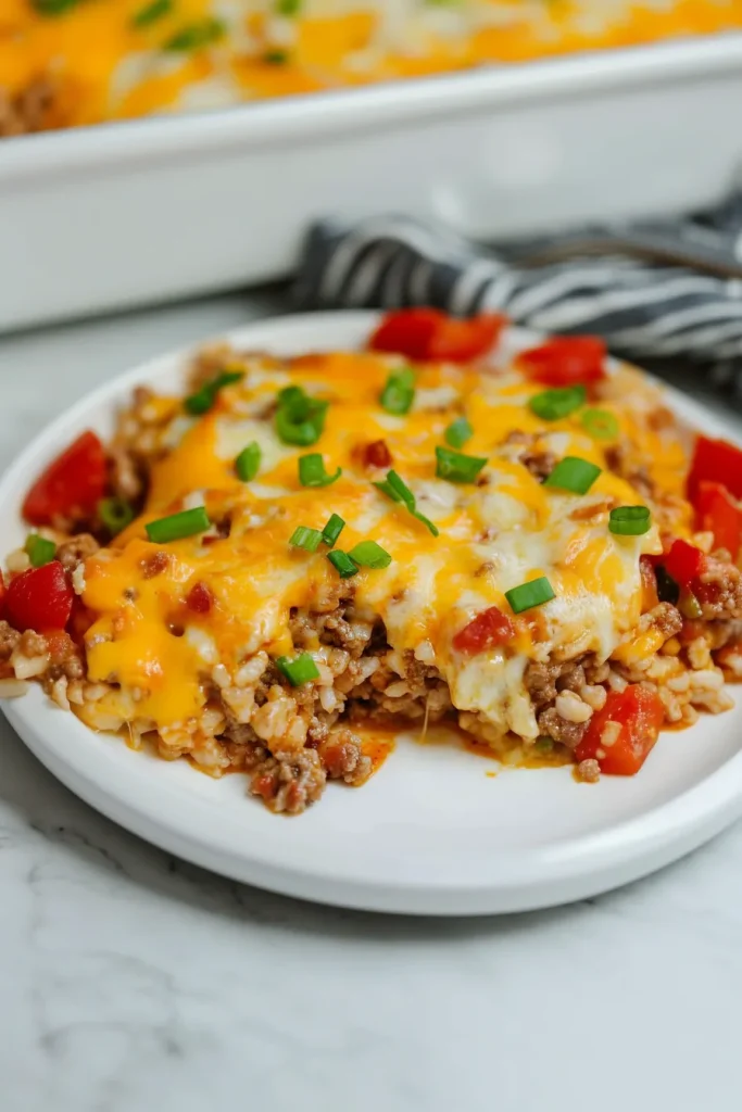 Golden, bubbly casserole slice showing layers of rice, beef, and melted cheddar.