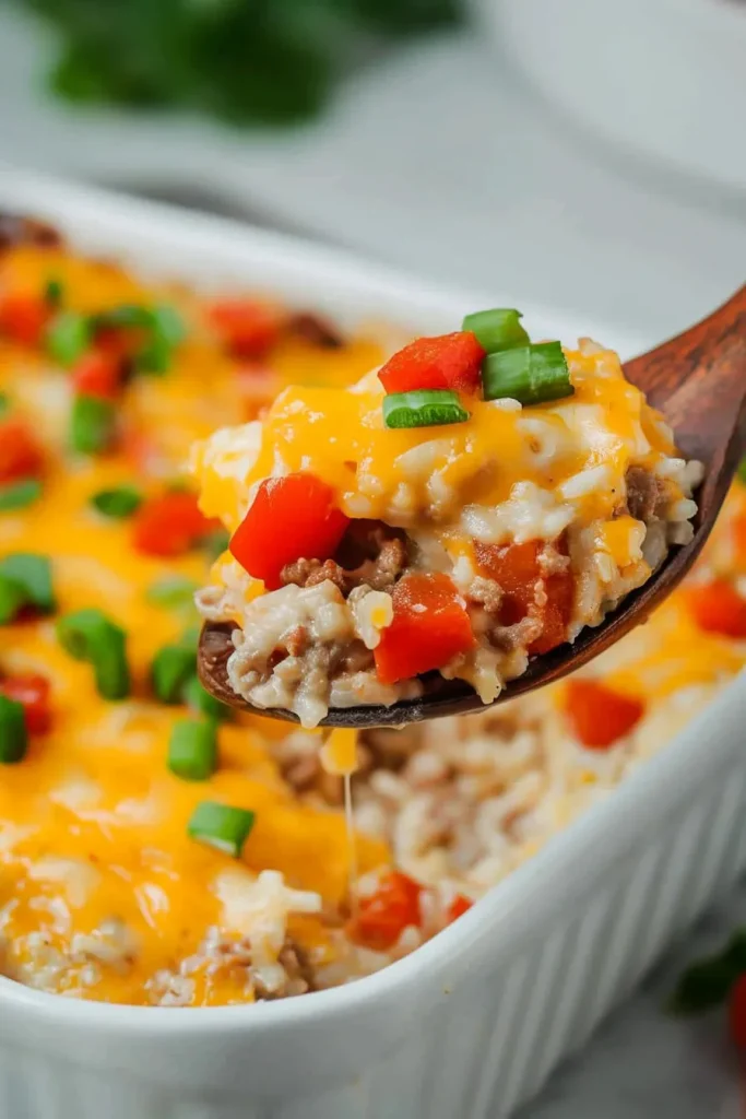 Spoonful of hearty rice and beef casserole highlighting the gooey cheese texture.