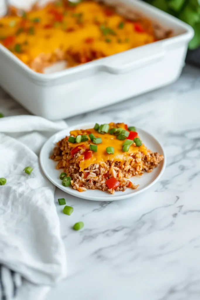 Serving of baked casserole with melted cheese and green onion garnish on a white plate.