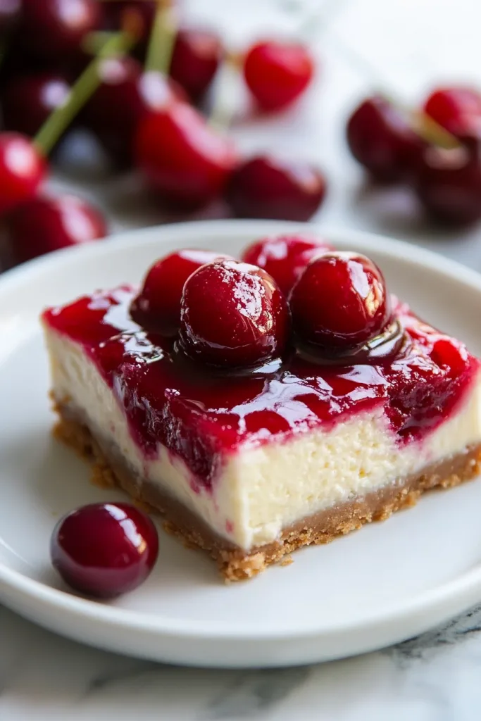 Close-up of cheesecake pieces showing golden crust and vibrant red fruit.
